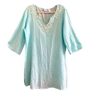 Kim Rogers Shell Embellished Sea Blue Gauze Swim Cover Large